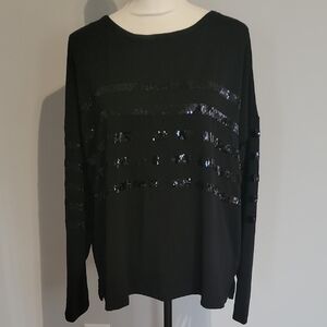 Crown & Ivy Black Sequin Striped Long Sleeve Tee